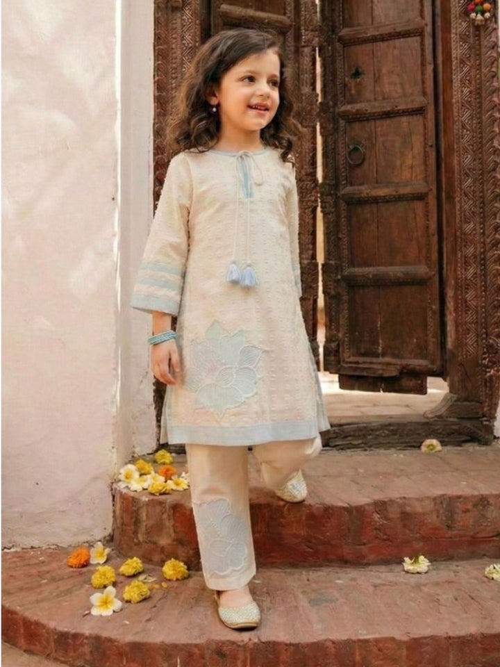 Joy pearl embroidery kids kurta pant set