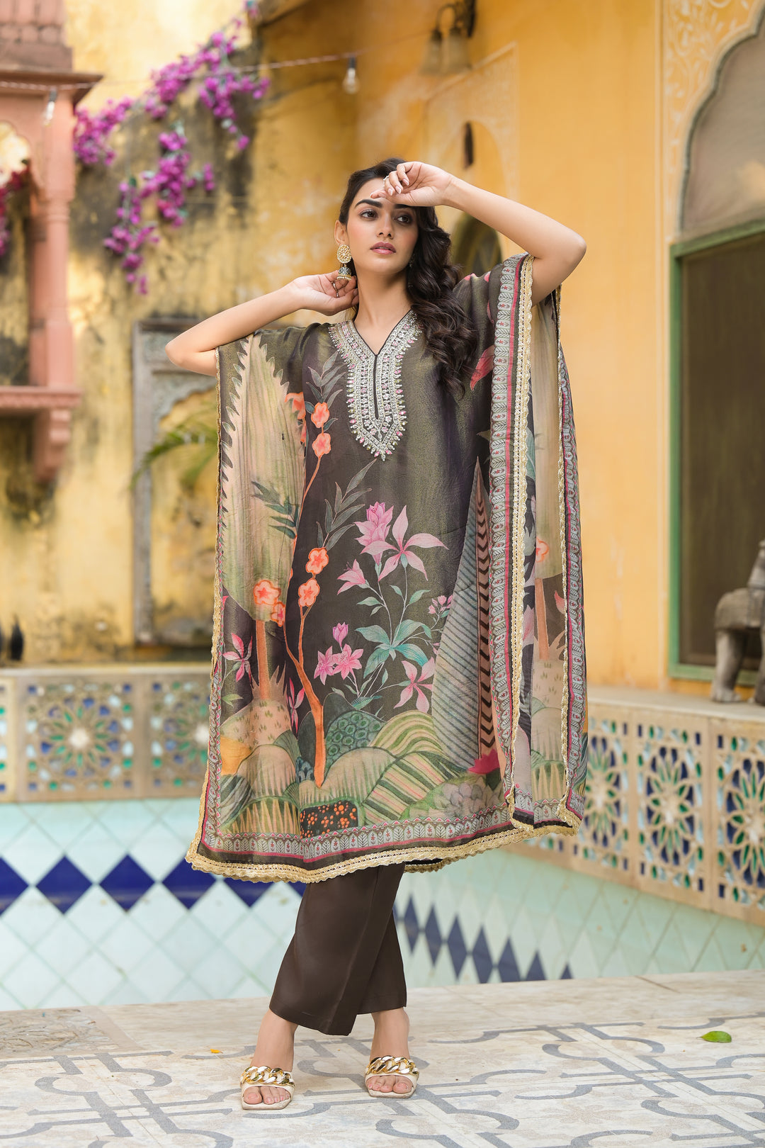 Pavitra Hemlock Shimmer Kaftan pant set