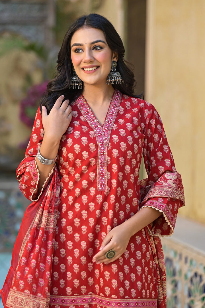 Pavitra crimson cotton printed suit set