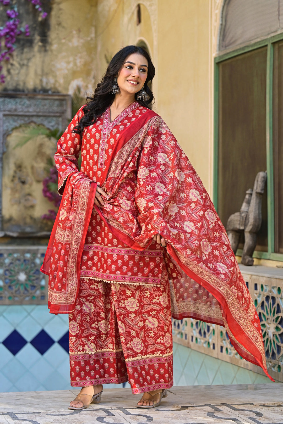 Pavitra crimson cotton printed suit set