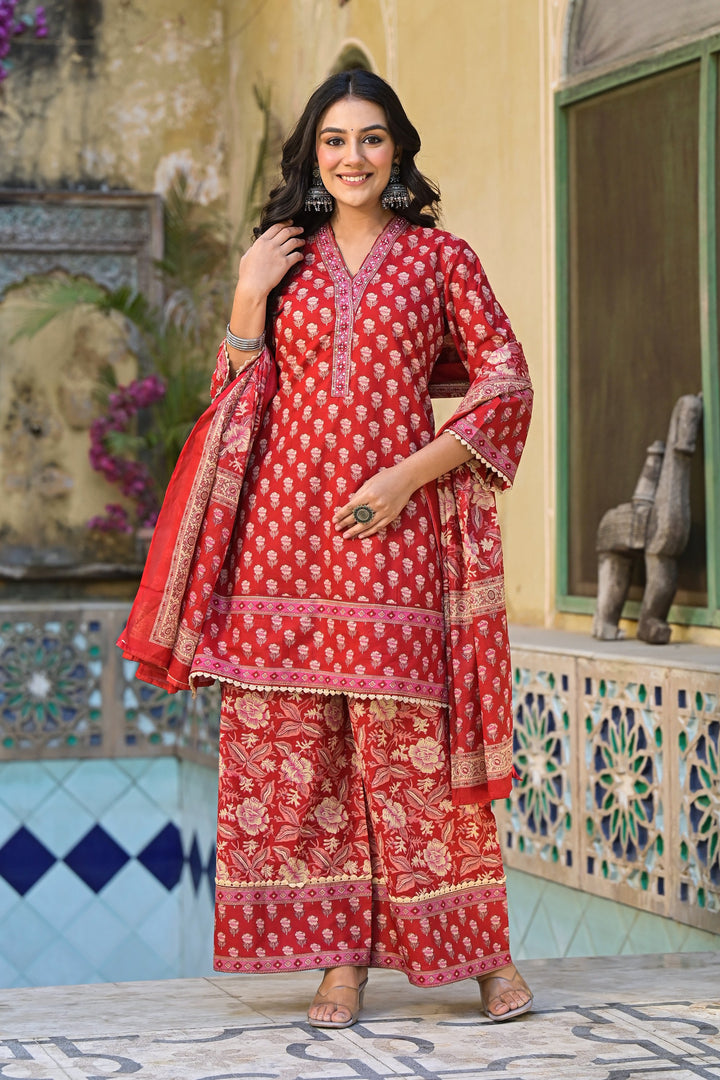 Pavitra crimson cotton printed suit set