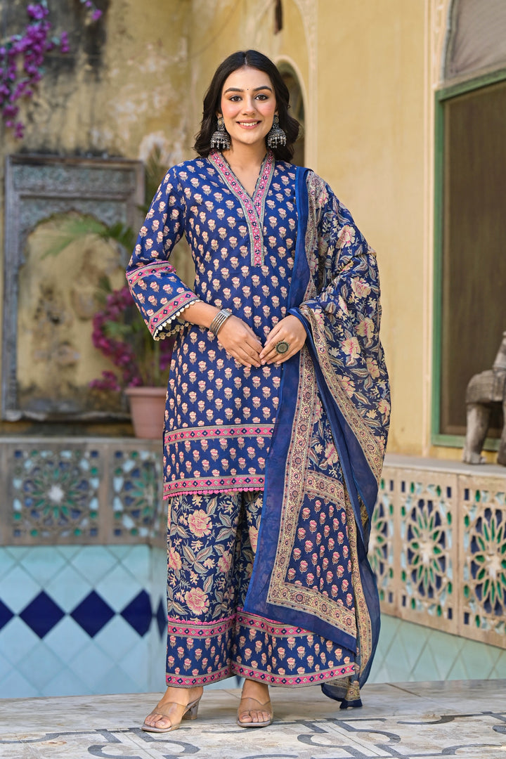 Pavitra Indigo cotton printed suit set
