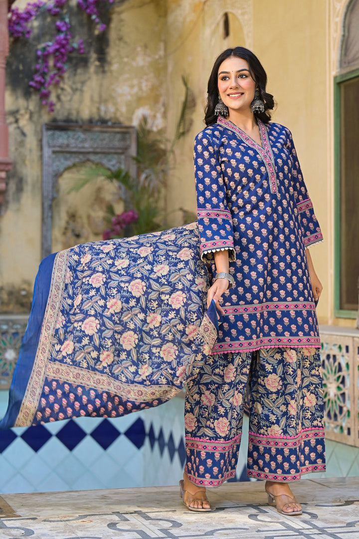 Pavitra Indigo cotton printed suit set