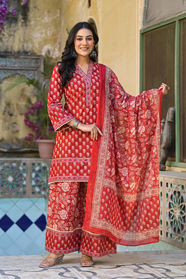 Pavitra crimson cotton printed suit set
