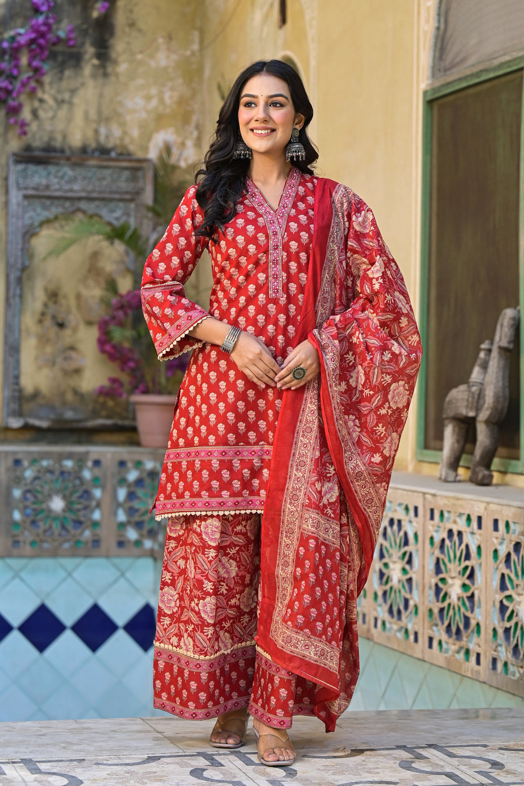 Pavitra crimson cotton printed suit set
