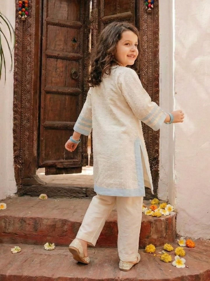 Joy pearl embroidery kids kurta pant set