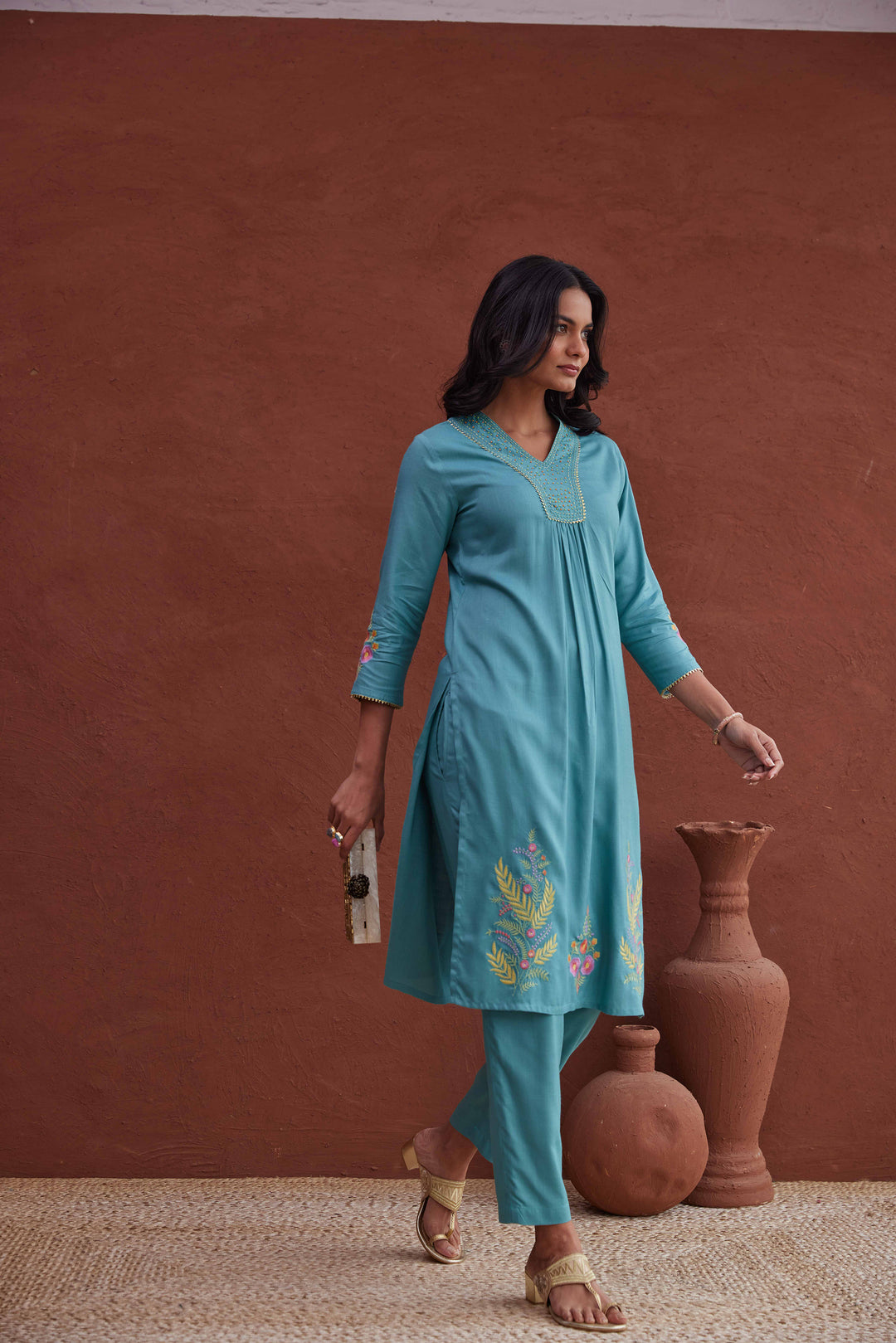 Avanti Peacock Embroidery Cotton Kurta Pant Set