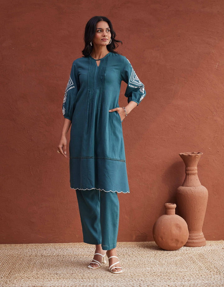 TUSHKI  TEAL COTTON COMFY KURTA PANT SET