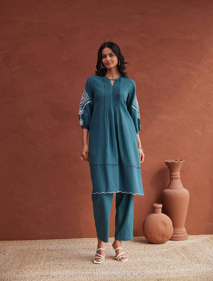 TUSHKI  TEAL COTTON COMFY KURTA PANT SET