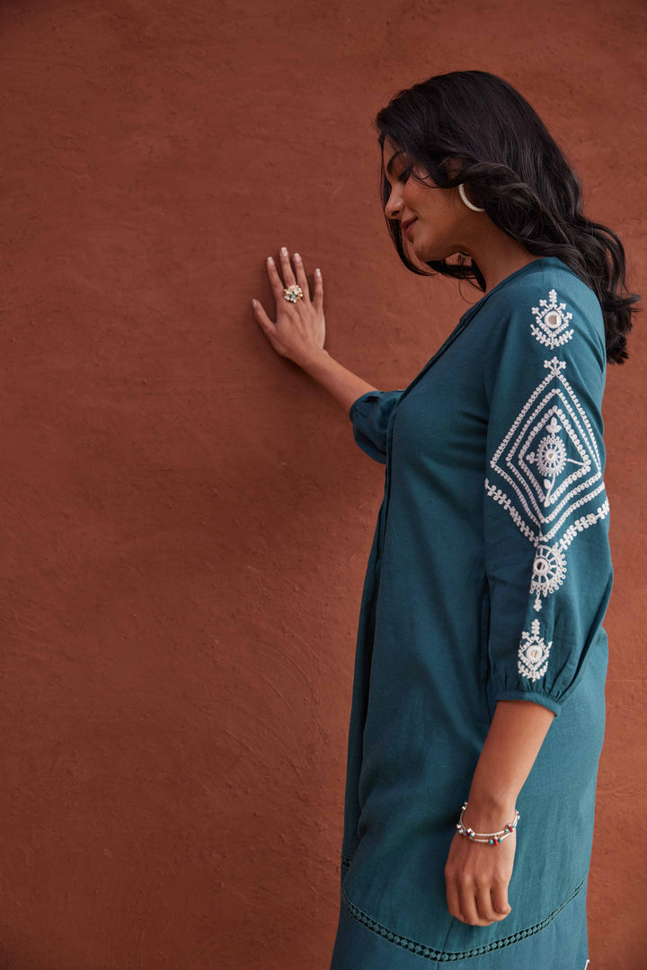 TUSHKI  TEAL COTTON COMFY KURTA PANT SET