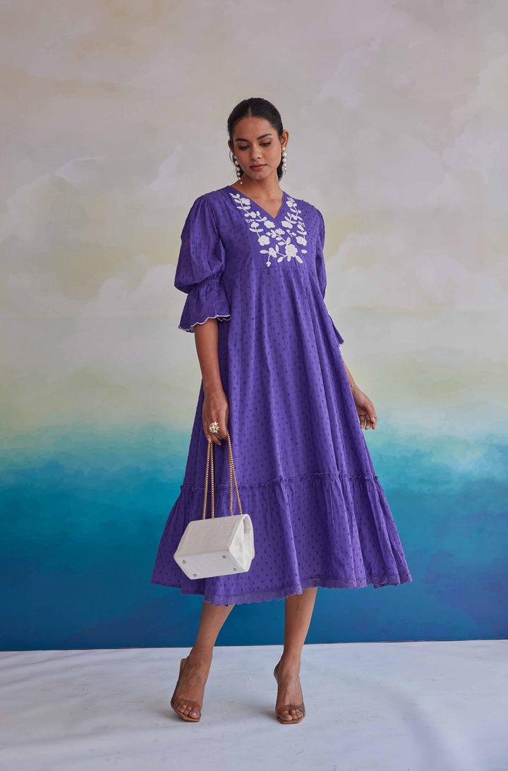 AVANTI PURPLE MIDI SCHIFFLI EMBROIDERY COTTON DRESS