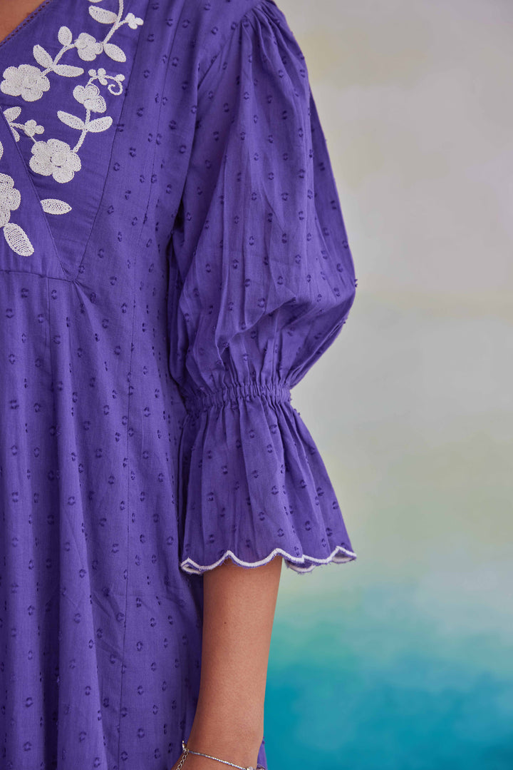 AVANTI PURPLE MIDI SCHIFFLI EMBROIDERY COTTON DRESS