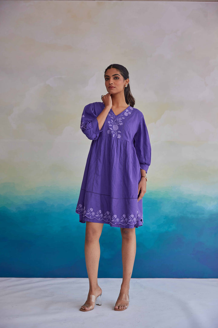 AVANTI ORCHID SCHIFFLI EMBROIDERY COTTON DRESS