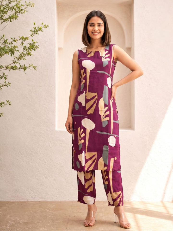 Sarika Plum Printed Sleeveless Kurta Pant Set