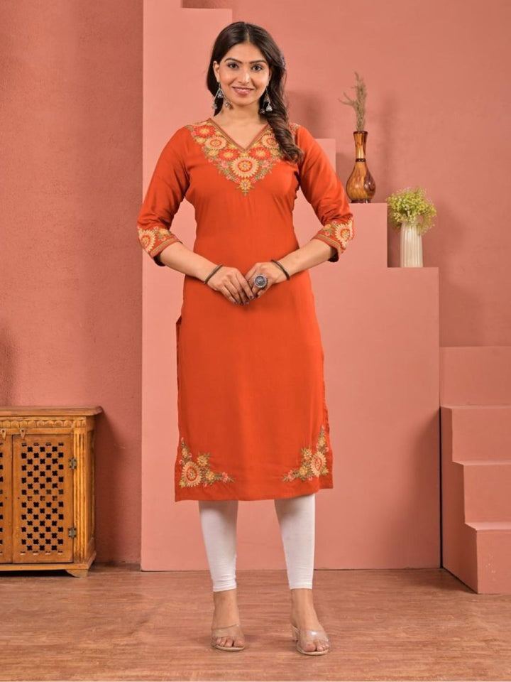 Chandri Tangerine Embroidered Kurti