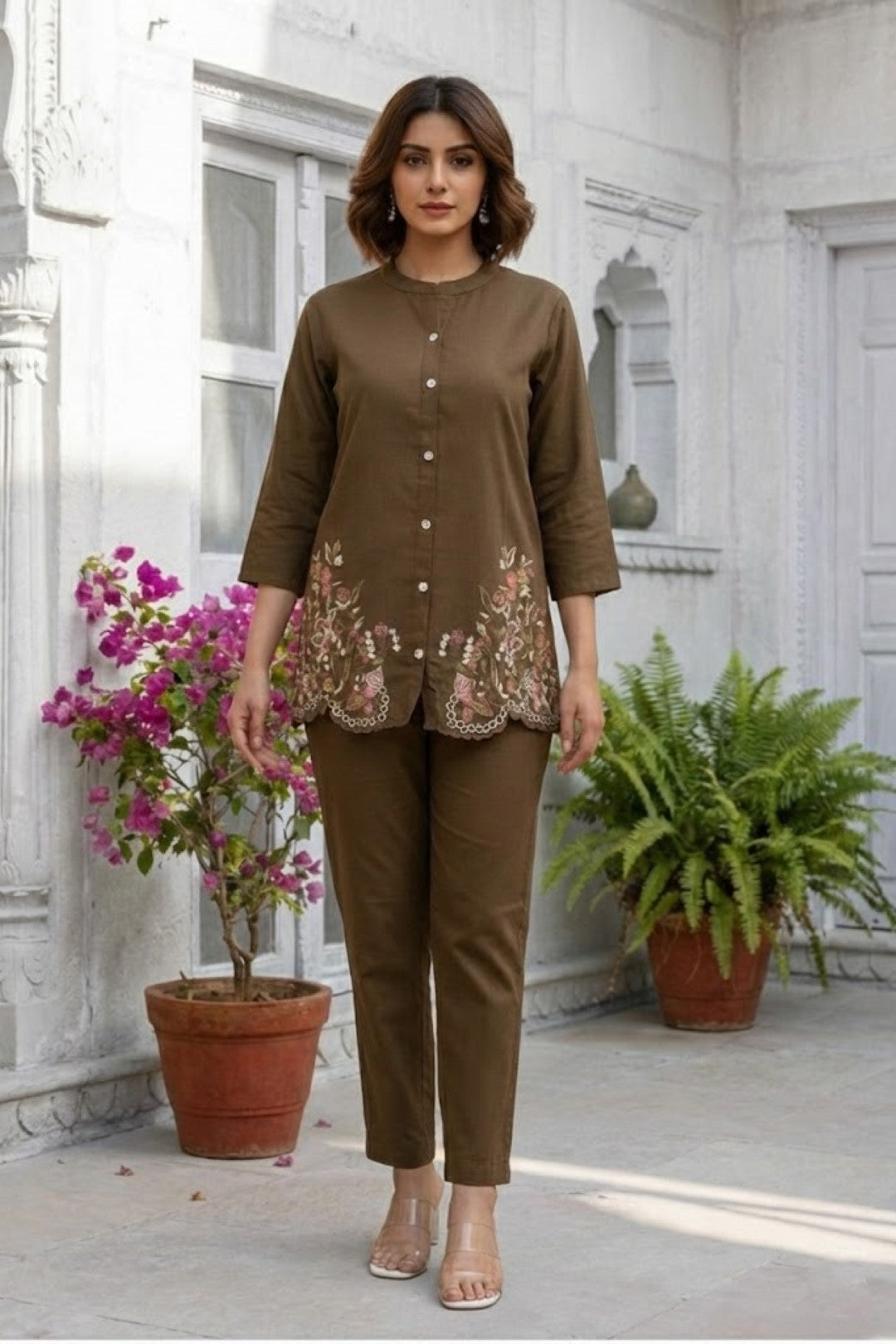Viyona Coffee Embroidered Co-ord Set