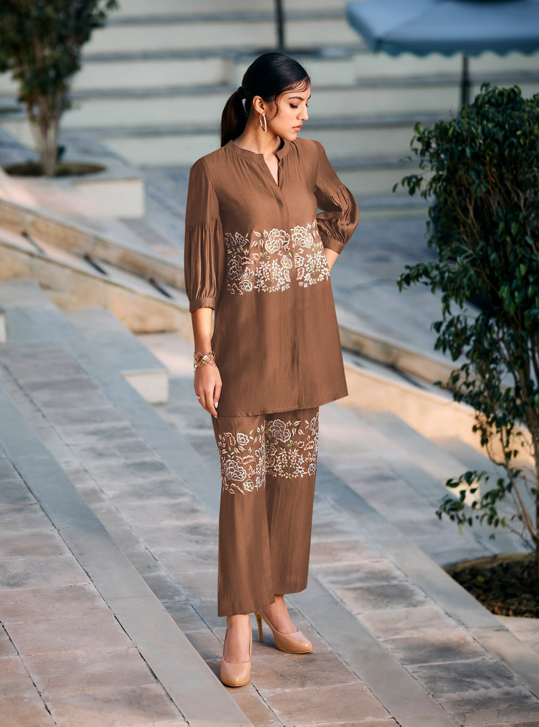 Sophia Brown Embroidered Co-ord Set