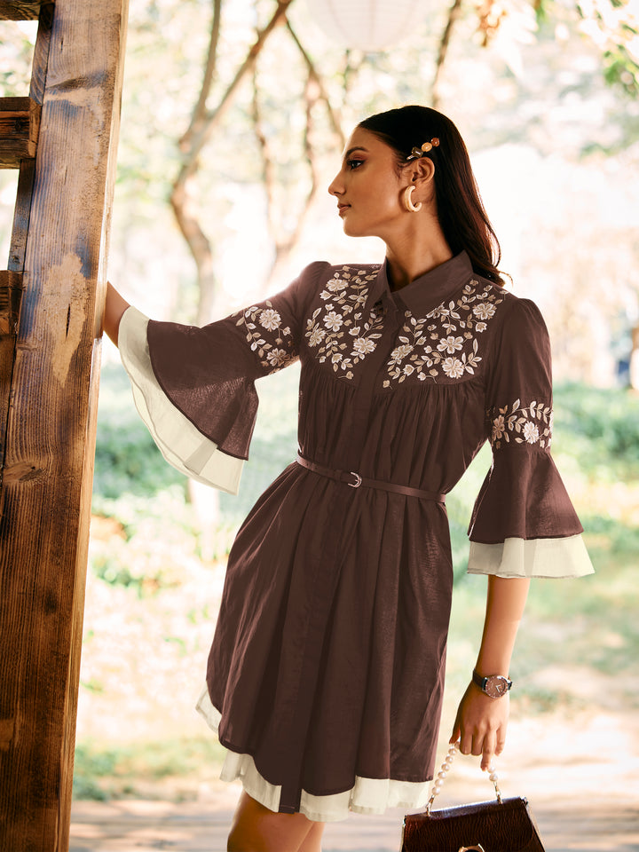 AISH BROWN LAYERED EMBROIDERED DRESS