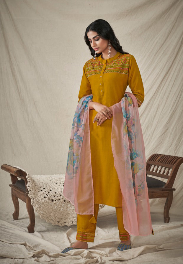 TURMERIC YELLOW cotton silk kurta pant with floral organza duppata suit set