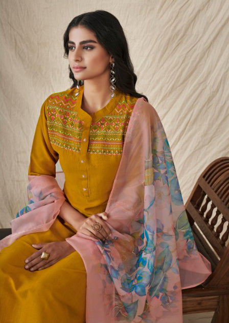 TURMERIC YELLOW cotton silk kurta pant with floral organza duppata suit set