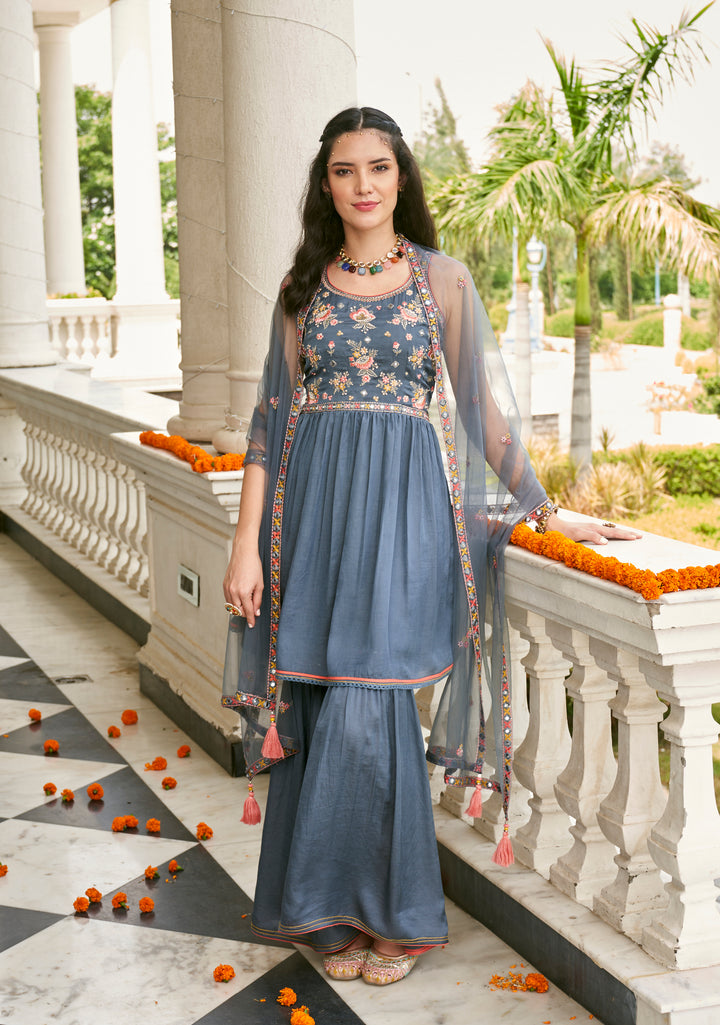 Sakina Blue Embroidery Sharara Suit Set
