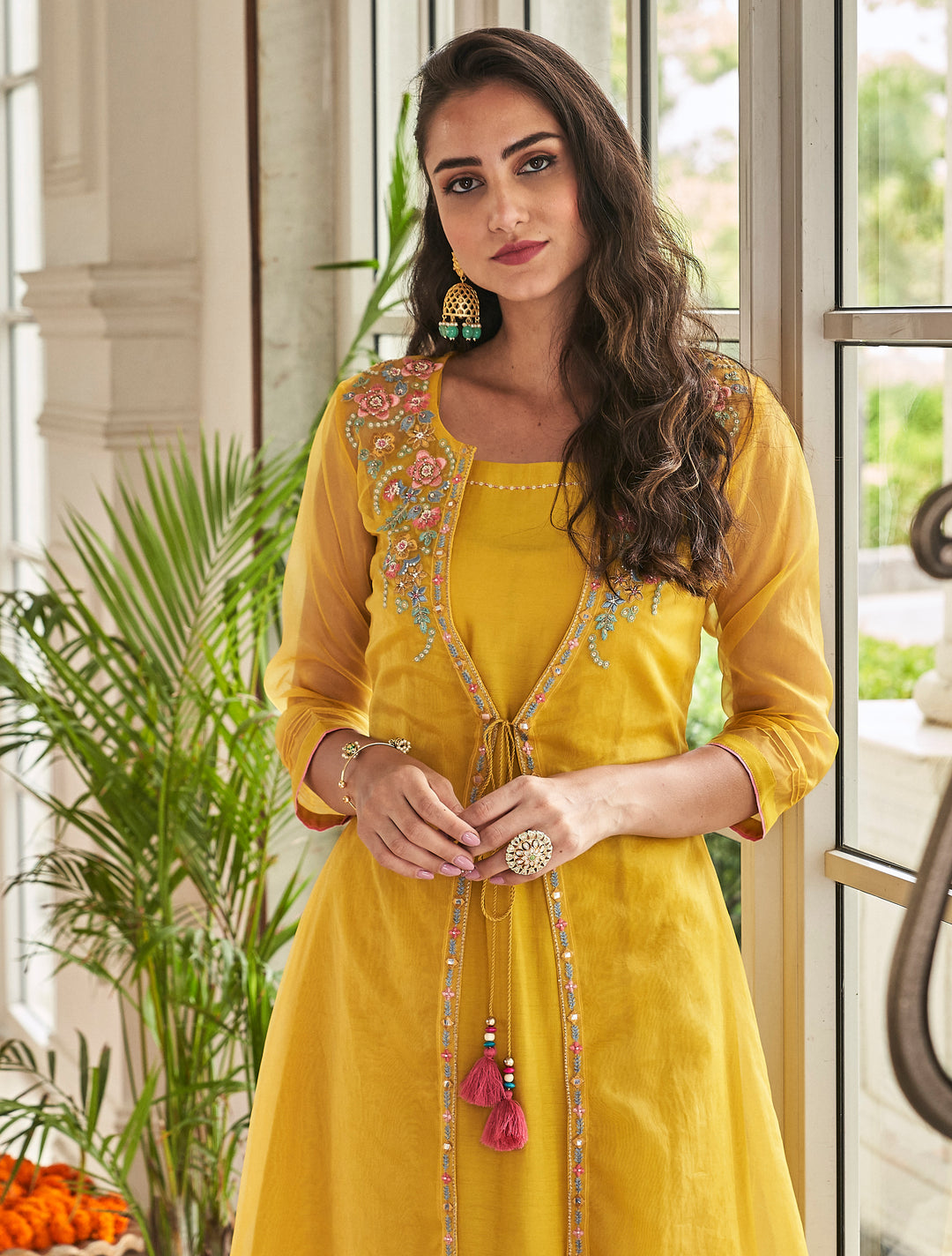 Shamita Marigold Embroidery Designer Organza Jacket Set