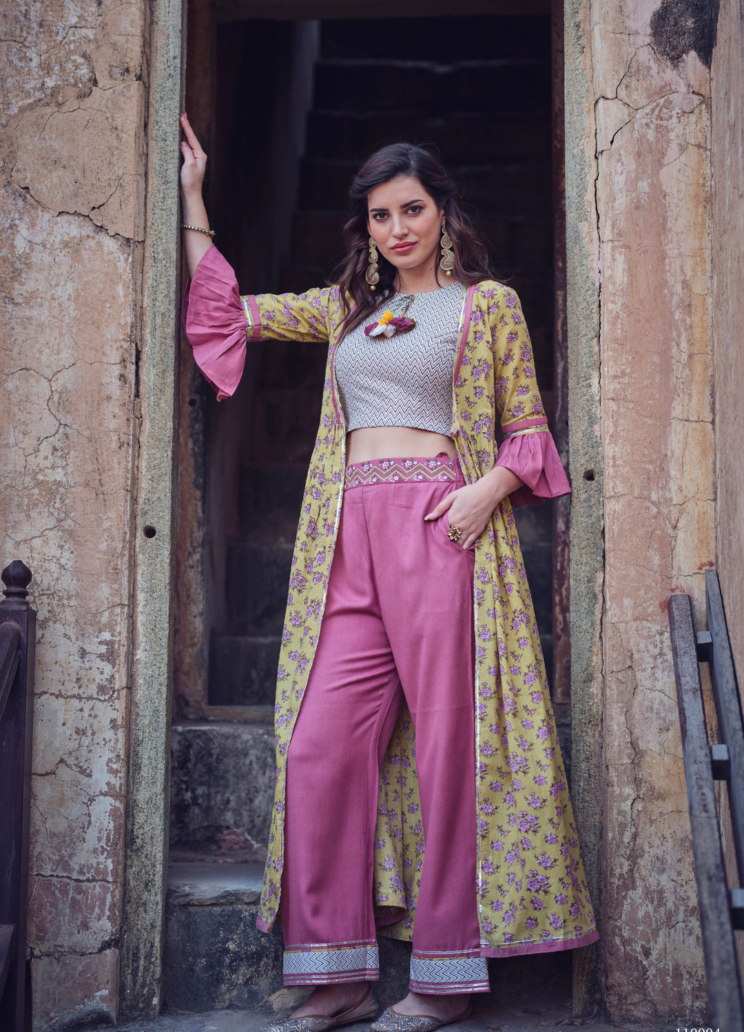 Zivah Pink Yellow Printed Top Pant Jacket Set - Main Image