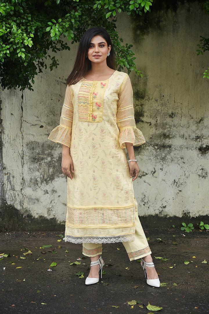 Yellow Organza with cotton lining pant set