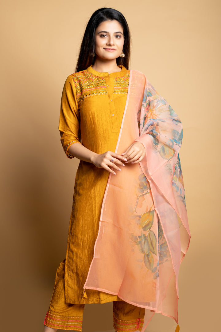 TURMERIC YELLOW cotton silk kurta pant with floral organza duppata suit set