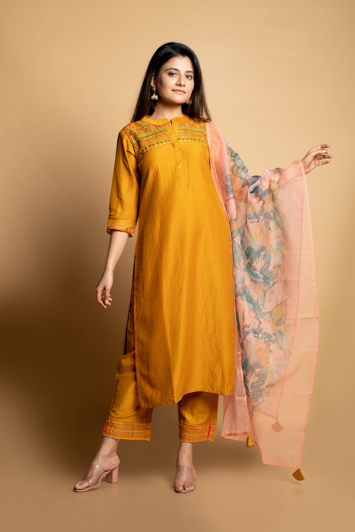 TURMERIC YELLOW cotton silk kurta pant with floral organza duppata suit set