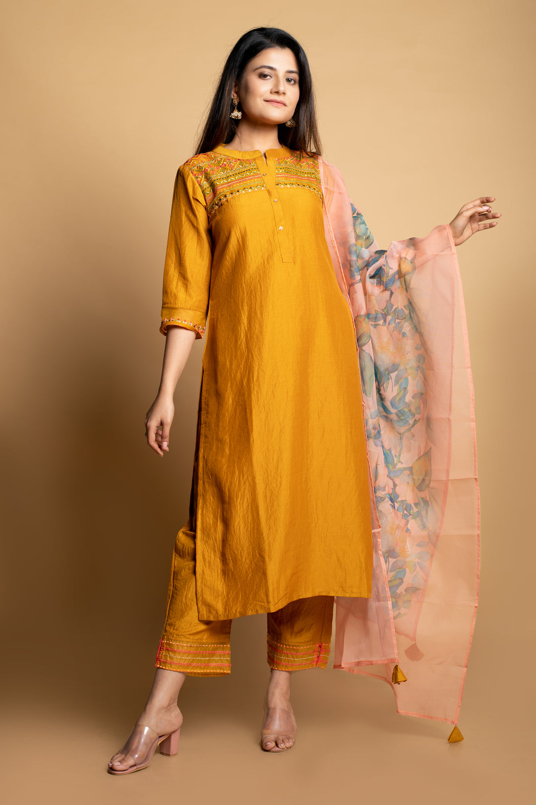 TURMERIC YELLOW cotton silk kurta pant with floral organza duppata suit set