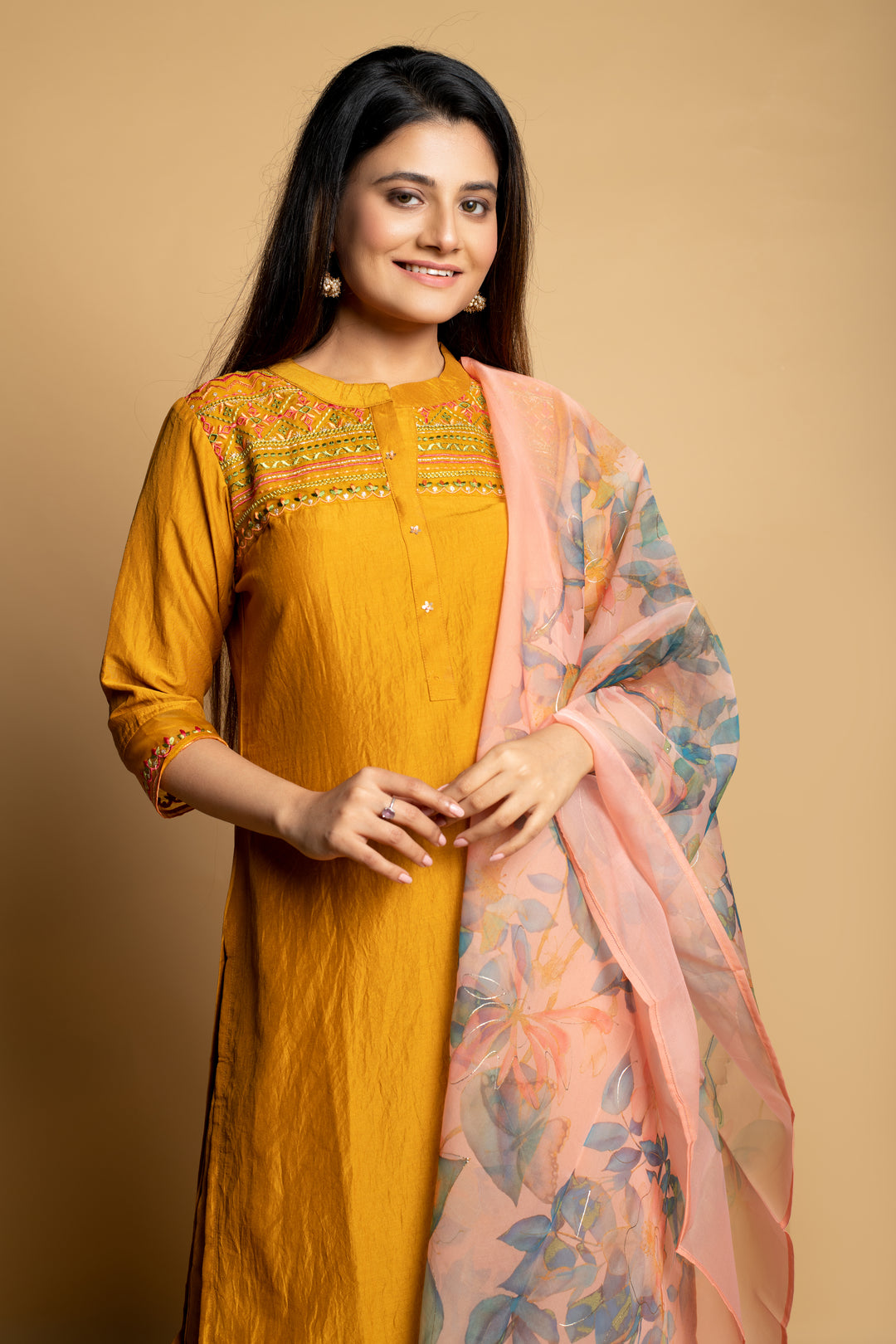 TURMERIC YELLOW cotton silk kurta pant with floral organza duppata suit set