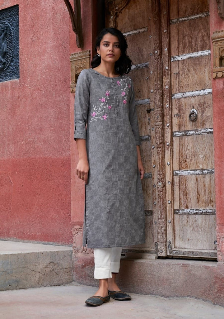 Grey Checks Cotton Embroidered Kurta