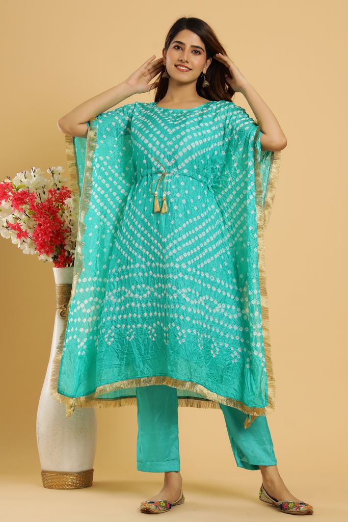 Teal Bandhej Kaftan with Pants