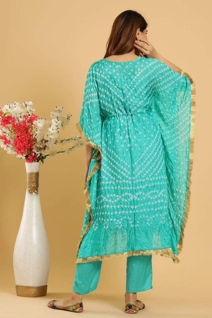 Teal Bandhej Kaftan with Pants