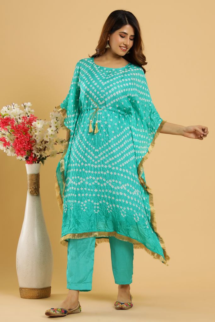 Teal Bandhej Kaftan with Pants