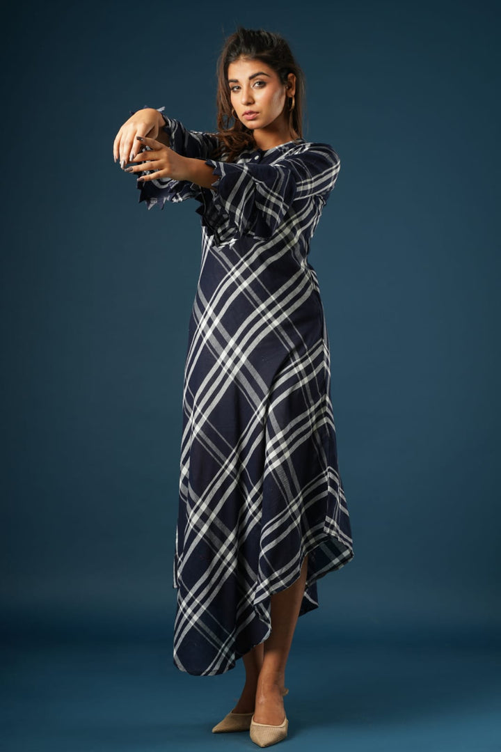 Black Checks Cotton Butterfly Sleeves Dress