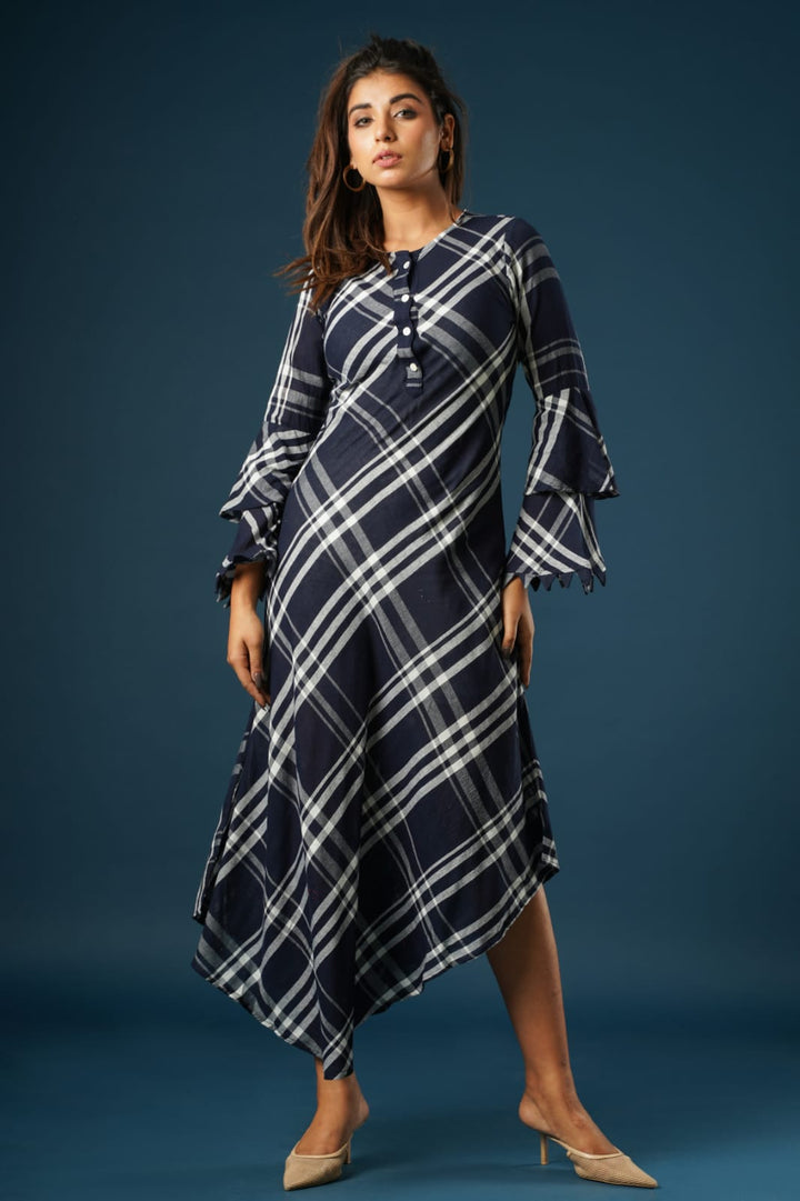 Black Checks Cotton Butterfly Sleeves Dress