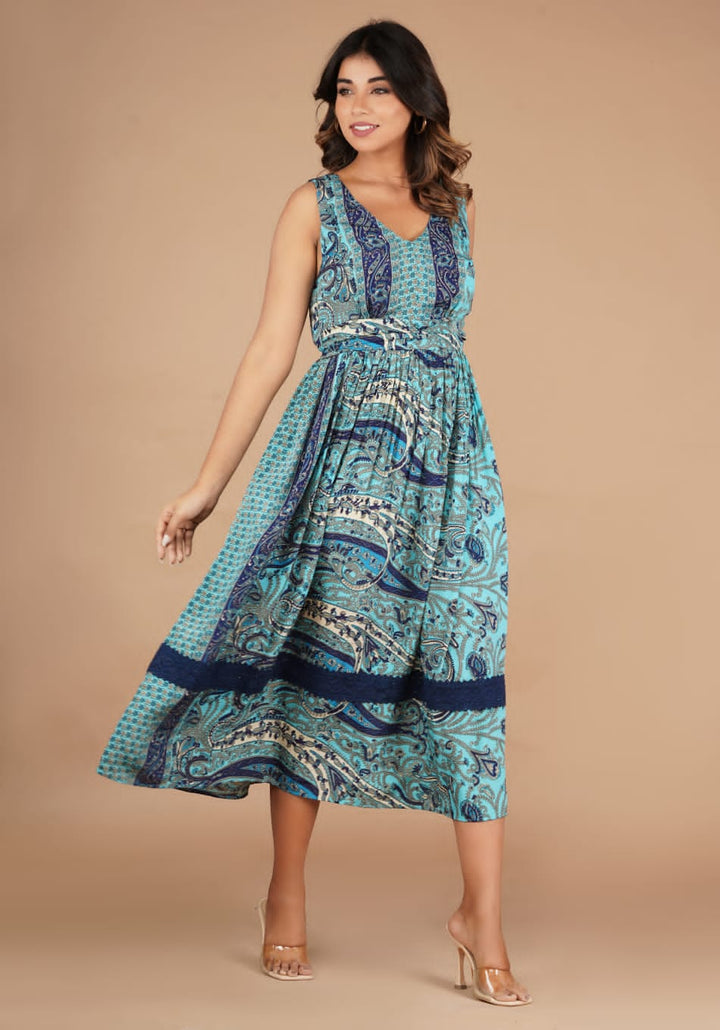 Shiba Blue Printed Muslin Dress