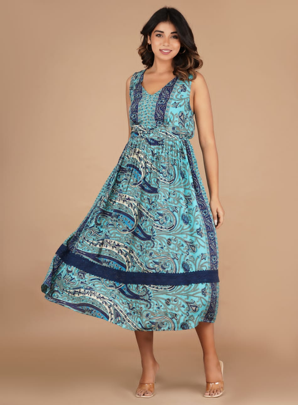 Shiba Blue Printed Muslin Dress