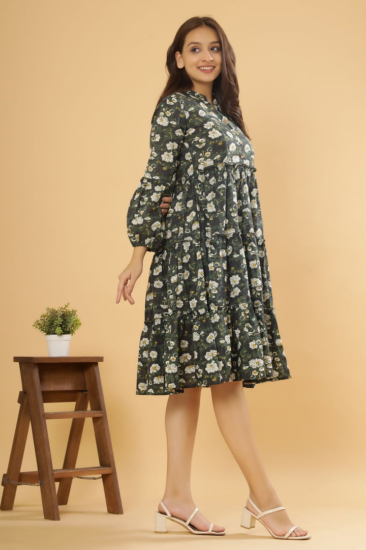 Green & Black floral cotton Dress