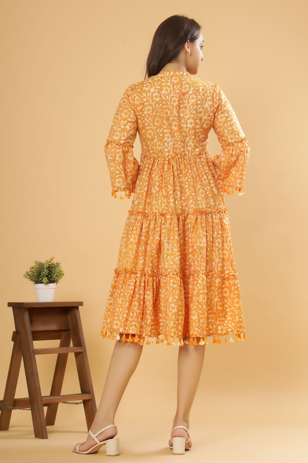 Oxen Orange Batik Printed Cotton Dress