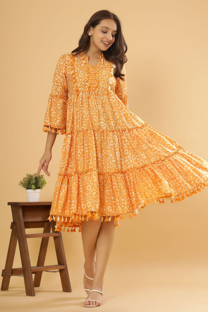 Oxen Orange Batik Printed Cotton Dress