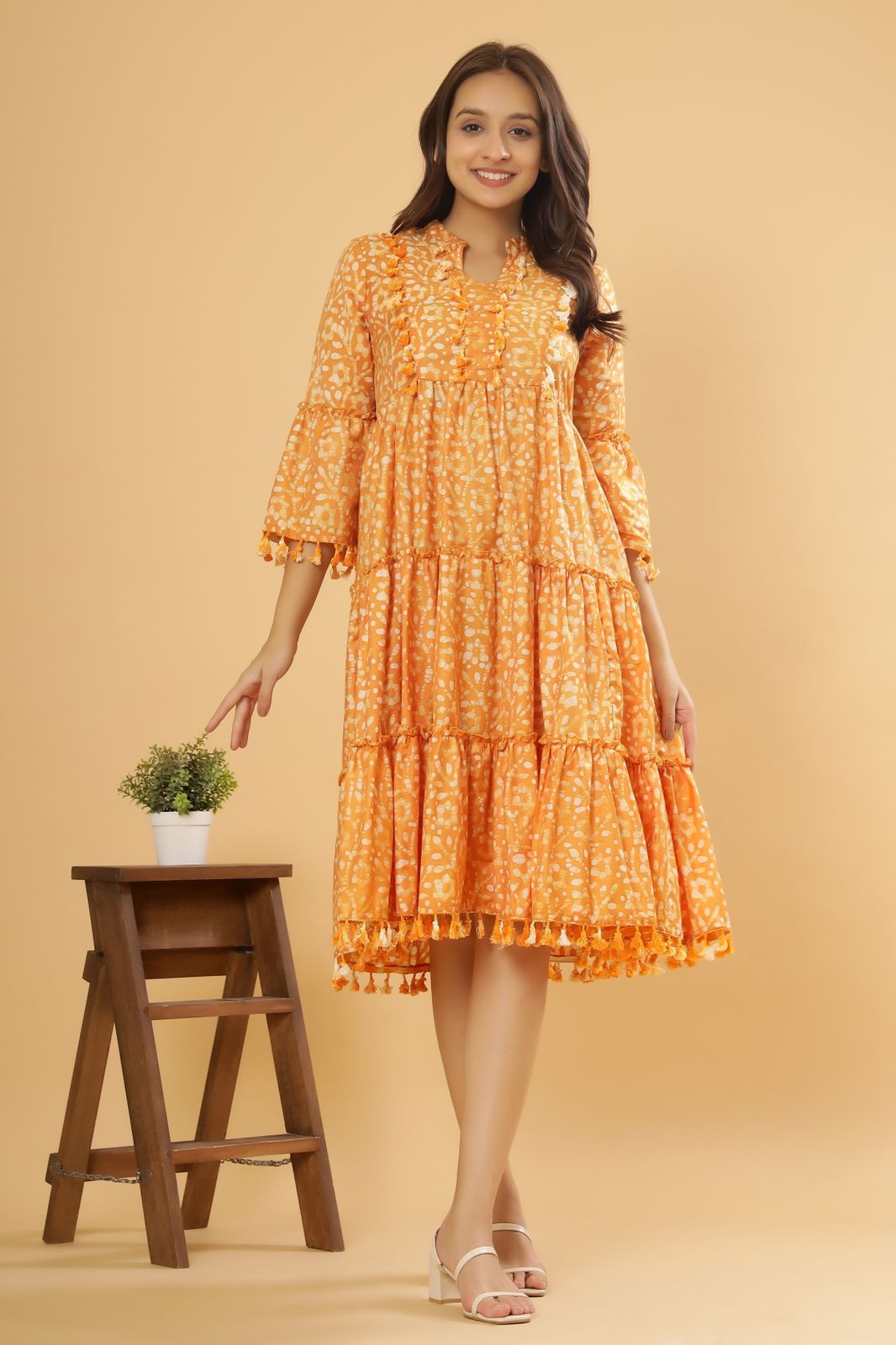 Oxen Orange Batik Printed Cotton Dress