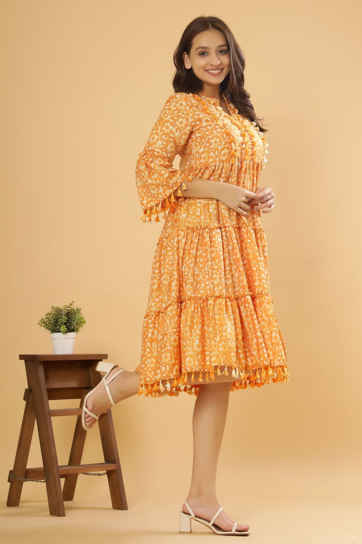 Oxen Orange Batik Printed Cotton Dress