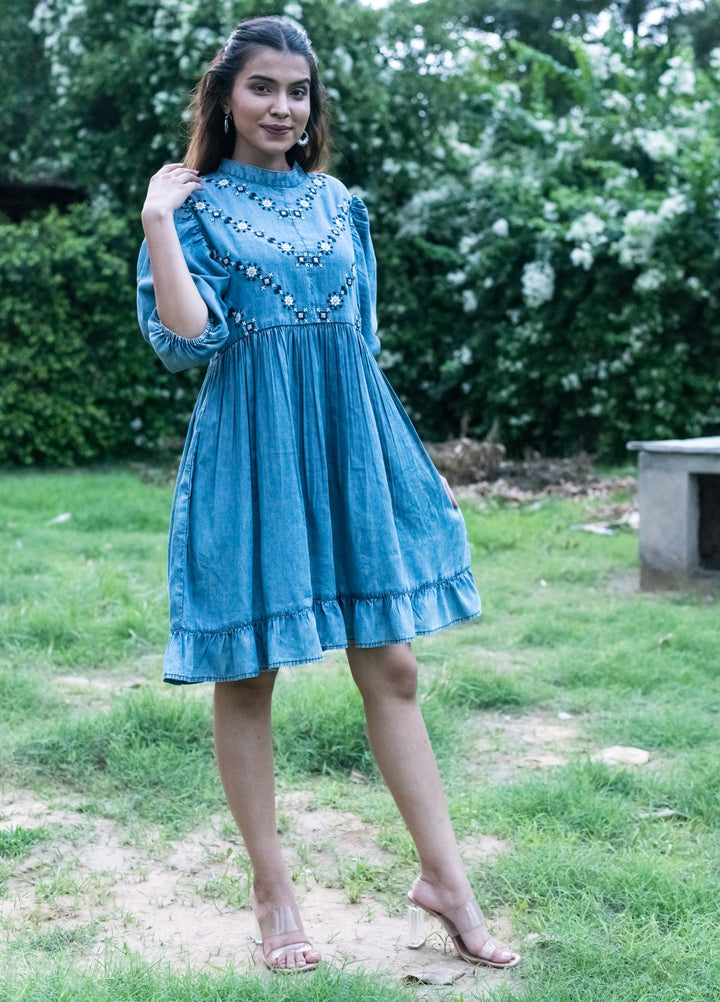 SEVINA BLUE EMBROIDERY COTTON DRESS