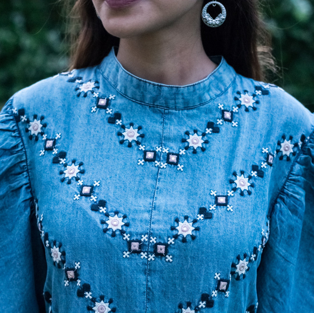 SEVINA BLUE EMBROIDERY COTTON DRESS