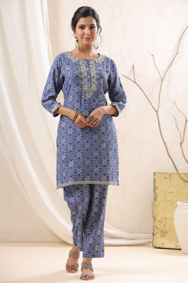 Sunaina Blue Printed Handwork Kurta Pant Set