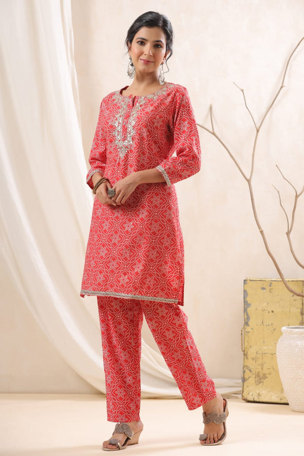 Sunaina Red Printed Handwork Kurta Pant Set